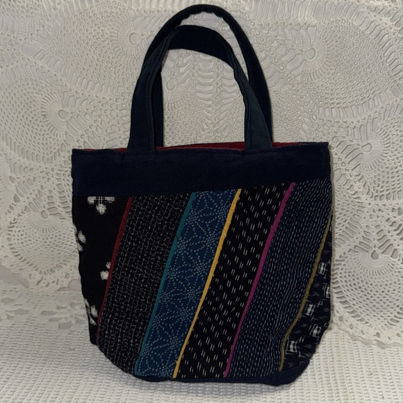 Handbags - BOHO Fabric Reversible Mini Tote Bag Pockets Dual Handle Travel Folds Red Blue